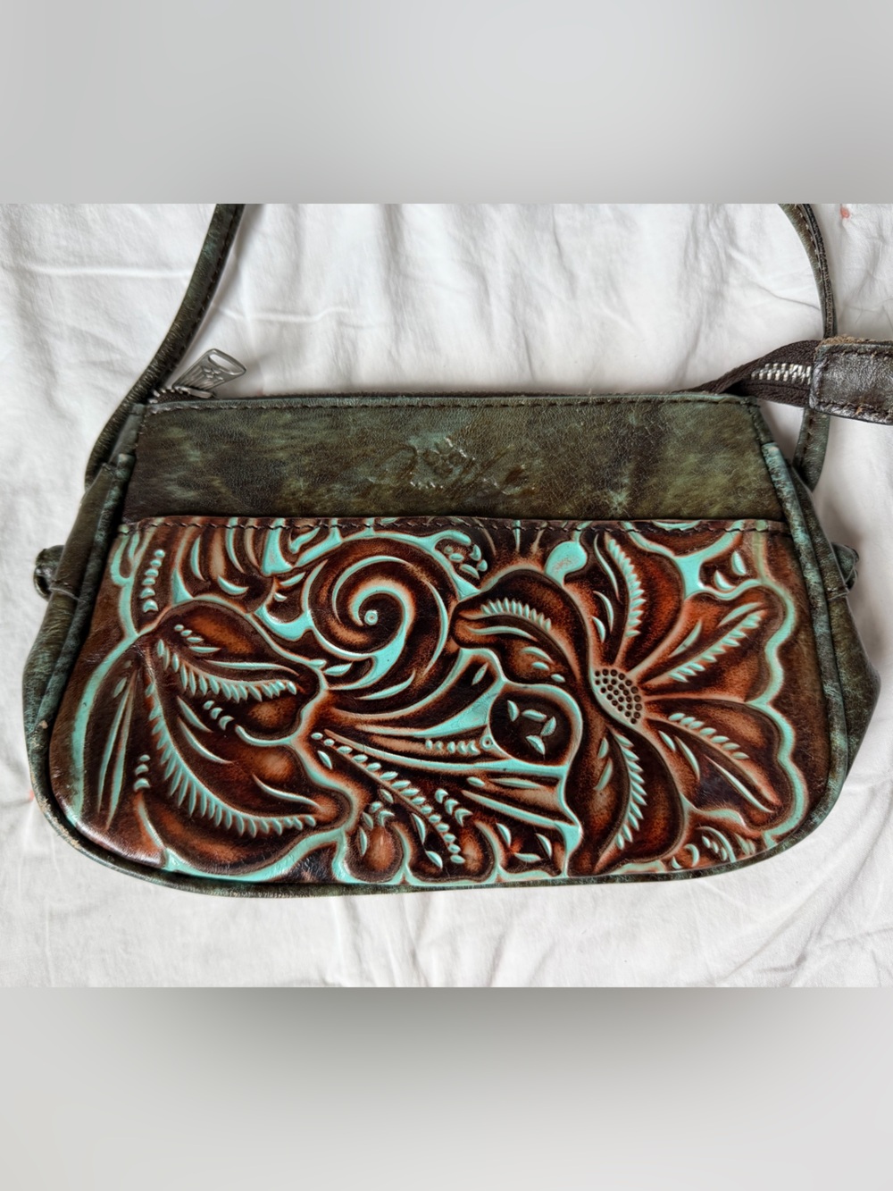 Patricia Nash Teal Brown Tooled Leather Crossbody Bag - Picture 3 of 7
